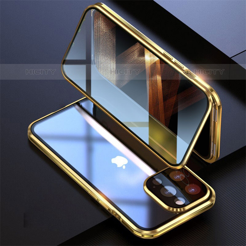 Handyhülle Hülle Luxus Aluminium Metall Rahmen Spiegel 360 Grad Ganzkörper Tasche M08 für Apple iPhone 15 Pro Gold