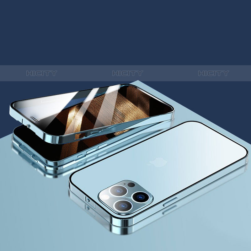 Handyhülle Hülle Luxus Aluminium Metall Rahmen Spiegel 360 Grad Ganzkörper Tasche M10 für Apple iPhone 15 Pro Blau