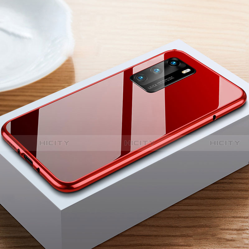 Handyhülle Hülle Luxus Aluminium Metall Rahmen Spiegel 360 Grad Ganzkörper Tasche N01 für Huawei P40 Rot und Schwarz