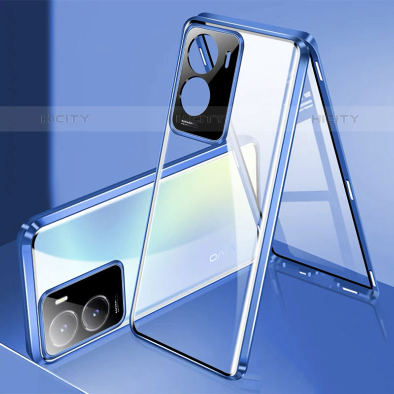 Handyhülle Hülle Luxus Aluminium Metall Rahmen Spiegel 360 Grad Ganzkörper Tasche P01 für Vivo iQOO Z7 5G Blau