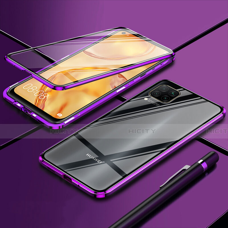Handyhülle Hülle Luxus Aluminium Metall Rahmen Spiegel 360 Grad Ganzkörper Tasche T01 für Huawei P40 Lite Violett