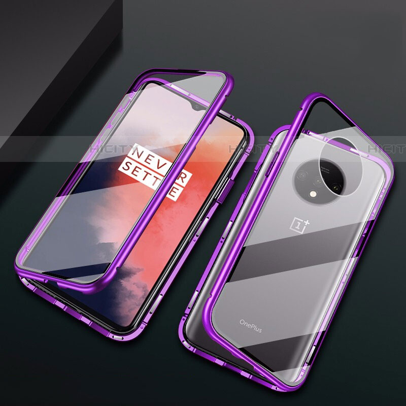 Handyhülle Hülle Luxus Aluminium Metall Rahmen Spiegel 360 Grad Ganzkörper Tasche T01 für OnePlus 7T Violett
