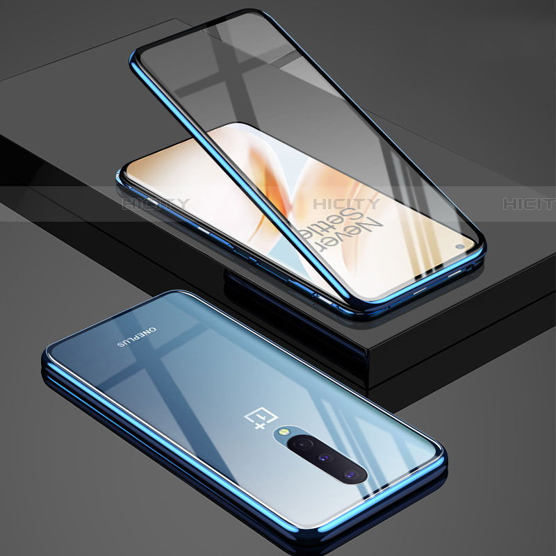Handyhülle Hülle Luxus Aluminium Metall Rahmen Spiegel 360 Grad Ganzkörper Tasche T02 für OnePlus 8 Blau