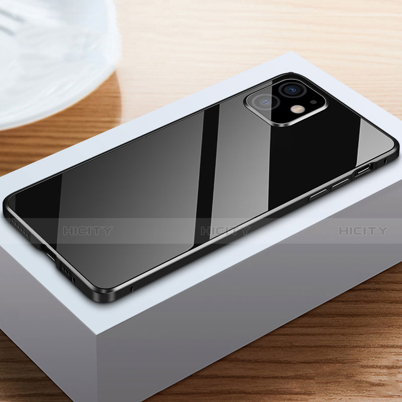 Handyhülle Hülle Luxus Aluminium Metall Rahmen Spiegel 360 Grad Ganzkörper Tasche T03 für Apple iPhone 12 Mini Schwarz