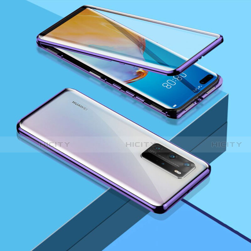 Handyhülle Hülle Luxus Aluminium Metall Rahmen Spiegel 360 Grad Ganzkörper Tasche T03 für Huawei P40 Pro Violett Plus