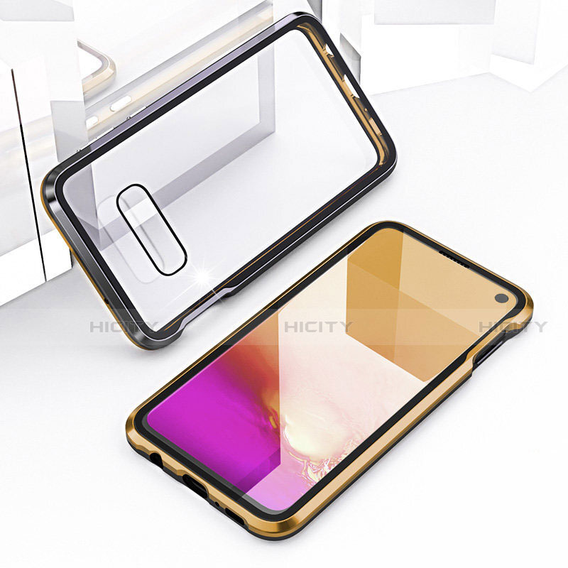 Handyhülle Hülle Luxus Aluminium Metall Rahmen Spiegel 360 Grad Ganzkörper Tasche T03 für Samsung Galaxy S10e Gold