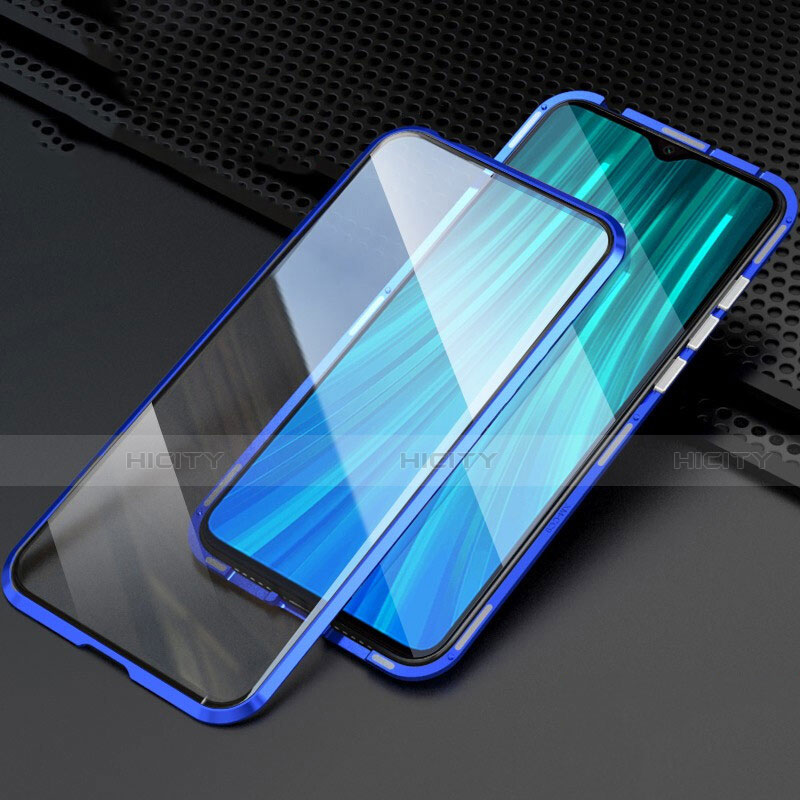 Handyhülle Hülle Luxus Aluminium Metall Rahmen Spiegel 360 Grad Ganzkörper Tasche T03 für Xiaomi Redmi Note 8 Pro Blau Plus