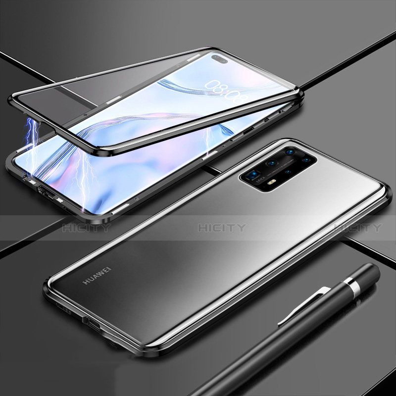 Handyhülle Hülle Luxus Aluminium Metall Rahmen Spiegel 360 Grad Ganzkörper Tasche T04 für Huawei P40 Pro+ Plus Schwarz