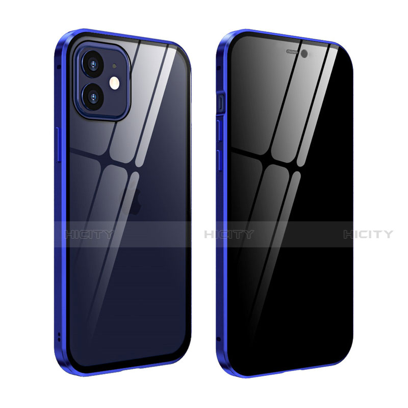 Handyhülle Hülle Luxus Aluminium Metall Rahmen Spiegel 360 Grad Ganzkörper Tasche T05 für Apple iPhone 12 Mini Blau Plus