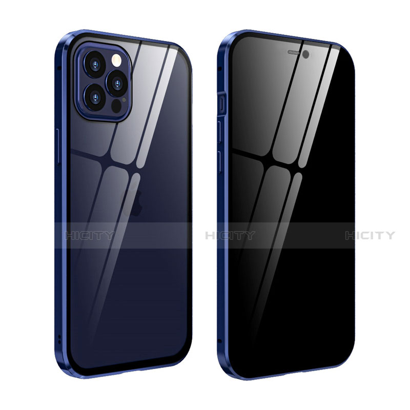 Handyhülle Hülle Luxus Aluminium Metall Rahmen Spiegel 360 Grad Ganzkörper Tasche T05 für Apple iPhone 12 Pro Max Königs Blau