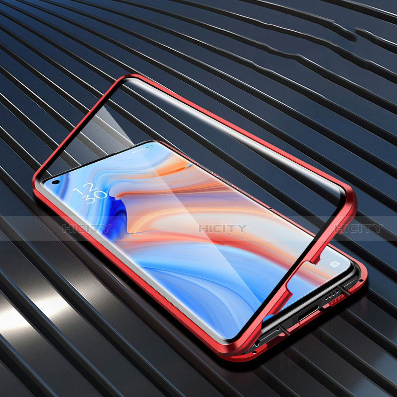 Handyhülle Hülle Luxus Aluminium Metall Rahmen Spiegel 360 Grad Ganzkörper Tasche T05 für Oppo Reno4 Pro 5G Rot