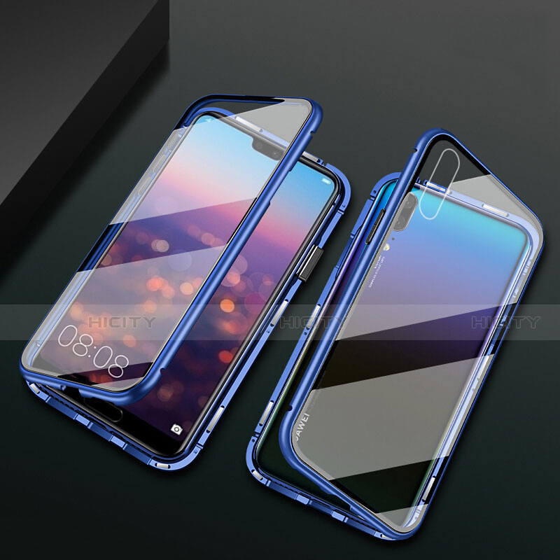 Handyhülle Hülle Luxus Aluminium Metall Rahmen Spiegel 360 Grad Ganzkörper Tasche T07 für Huawei P20 Blau Plus