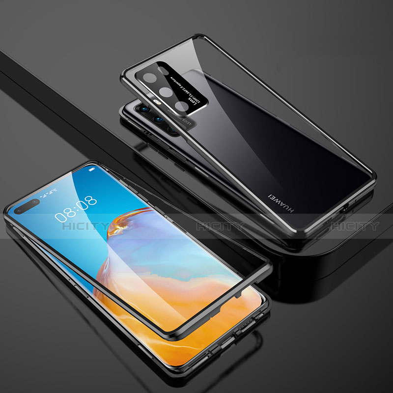 Handyhülle Hülle Luxus Aluminium Metall Rahmen Spiegel 360 Grad Ganzkörper Tasche T07 für Huawei P40 Schwarz Plus