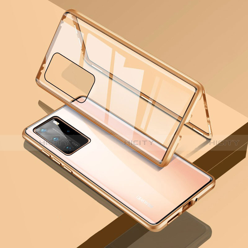 Handyhülle Hülle Luxus Aluminium Metall Rahmen Spiegel 360 Grad Ganzkörper Tasche T09 für Huawei P40 Pro Gold