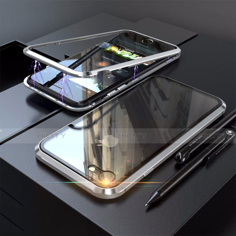Handyhülle Hülle Luxus Aluminium Metall Rahmen Spiegel 360 Grad Tasche M01 für Apple iPhone SE (2020) Silber