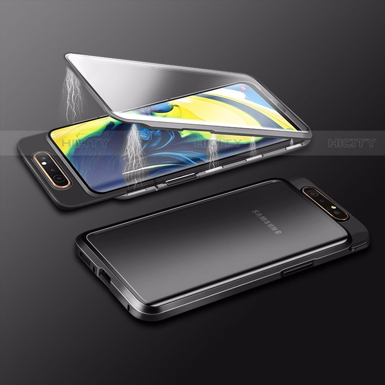 Handyhülle Hülle Luxus Aluminium Metall Rahmen Spiegel 360 Grad Tasche M01 für Samsung Galaxy A80 Schwarz Plus
