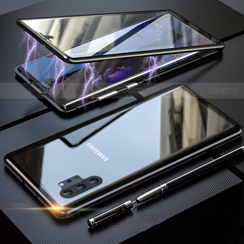 Handyhülle Hülle Luxus Aluminium Metall Rahmen Spiegel 360 Grad Tasche M01 für Samsung Galaxy Note 10 Plus Schwarz Plus