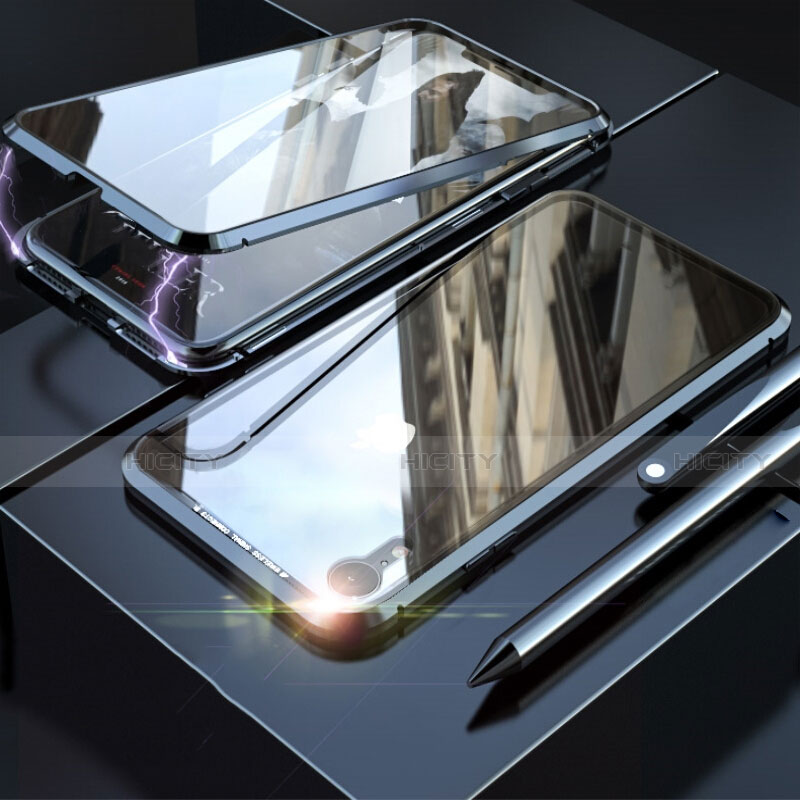 Handyhülle Hülle Luxus Aluminium Metall Rahmen Spiegel 360 Grad Tasche M02 für Apple iPhone XR Schwarz