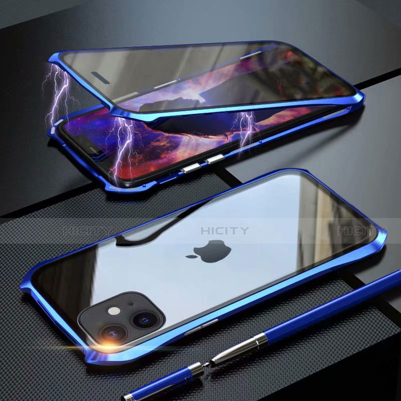 Handyhülle Hülle Luxus Aluminium Metall Rahmen Spiegel 360 Grad Tasche M06 für Apple iPhone 11 Blau Plus