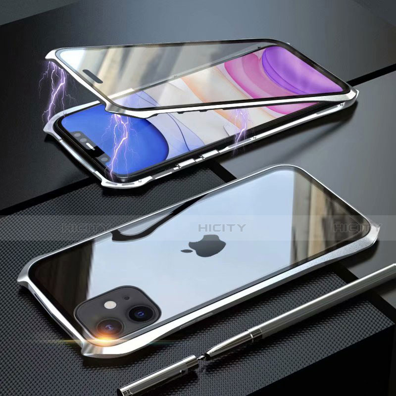 Handyhülle Hülle Luxus Aluminium Metall Rahmen Spiegel 360 Grad Tasche M06 für Apple iPhone 11 Silber Plus