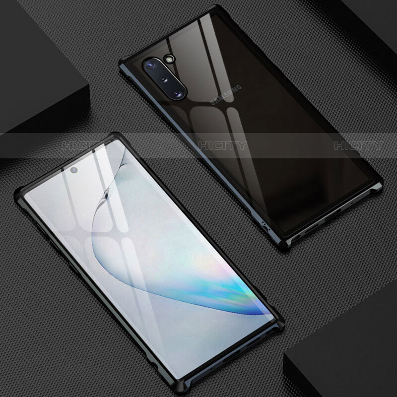 Handyhülle Hülle Luxus Aluminium Metall Rahmen Spiegel 360 Grad Tasche M06 für Samsung Galaxy Note 10 5G Schwarz Plus