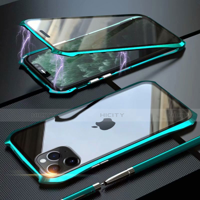 Handyhülle Hülle Luxus Aluminium Metall Rahmen Spiegel 360 Grad Tasche M10 für Apple iPhone 11 Pro Max Cyan Plus