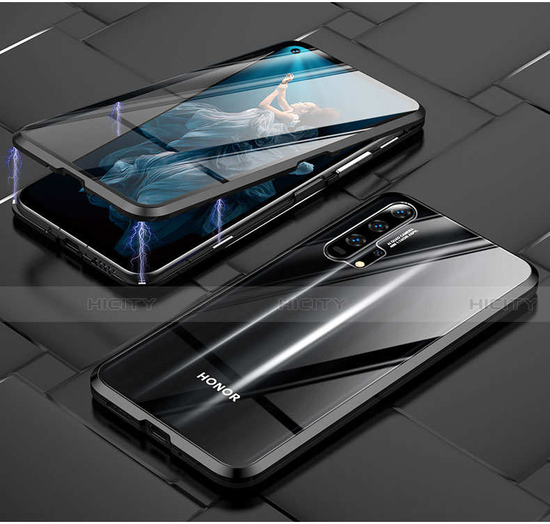 Handyhülle Hülle Luxus Aluminium Metall Rahmen Spiegel 360 Grad Tasche T03 für Huawei Honor 20 Pro Schwarz