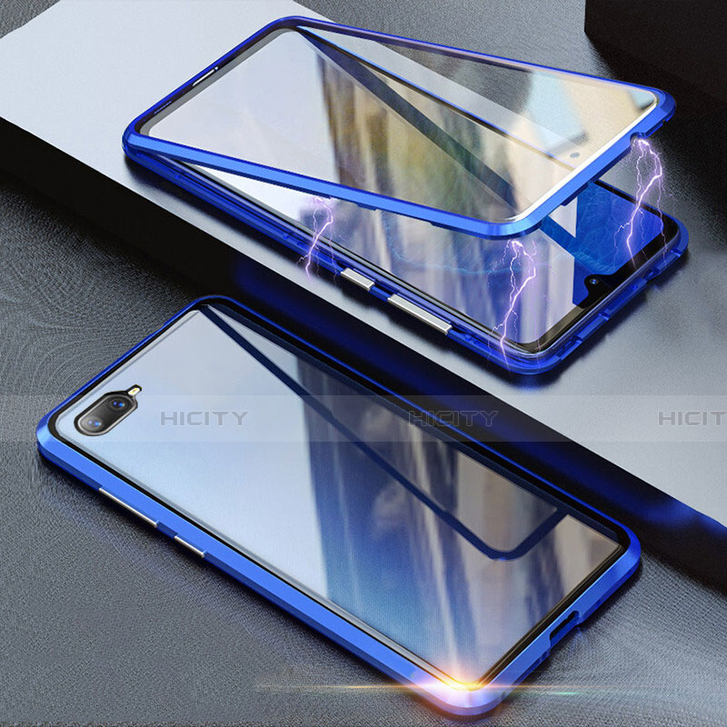 Handyhülle Hülle Luxus Aluminium Metall Rahmen Spiegel 360 Grad Tasche T08 für Oppo K1 Blau Plus