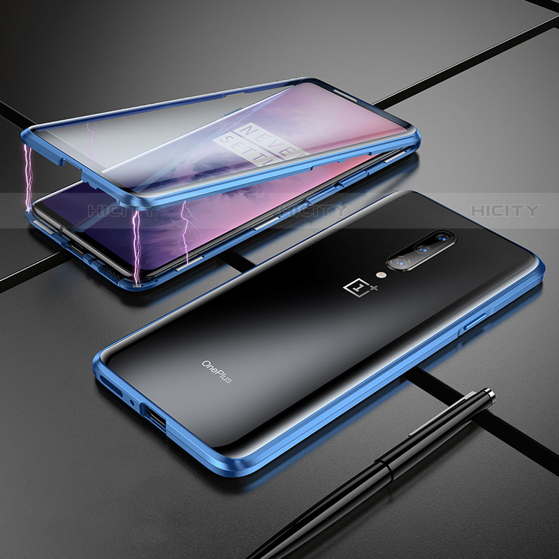 Handyhülle Hülle Luxus Aluminium Metall Rahmen Spiegel Tasche für OnePlus 7 Pro Blau Plus