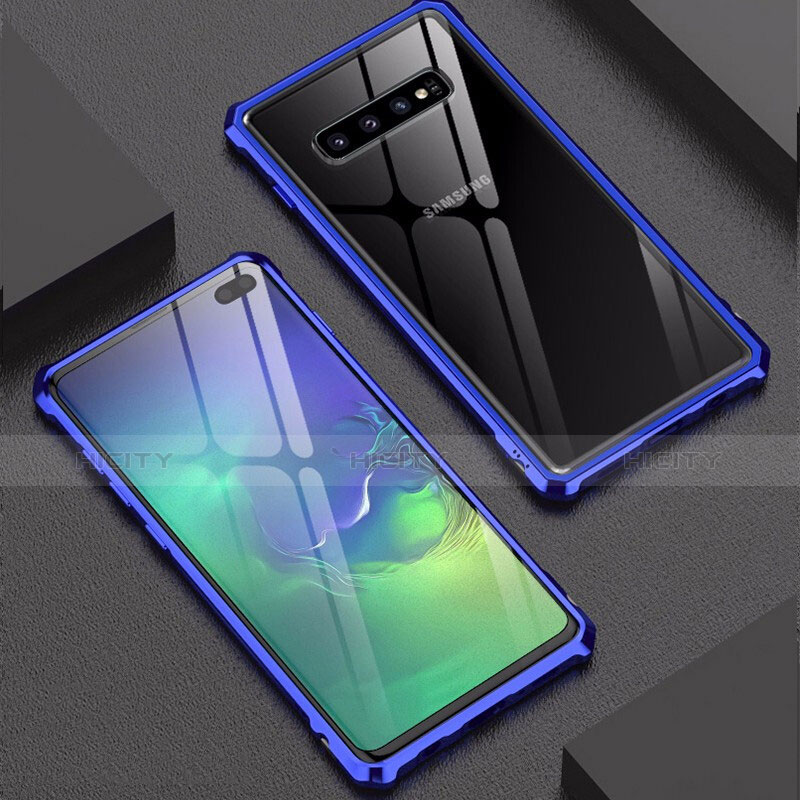 Handyhülle Hülle Luxus Aluminium Metall Rahmen Spiegel Tasche für Samsung Galaxy S10 Plus Blau