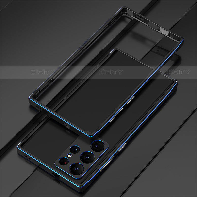 Handyhülle Hülle Luxus Aluminium Metall Rahmen Tasche für Samsung Galaxy S22 Ultra 5G Blau und Schwarz