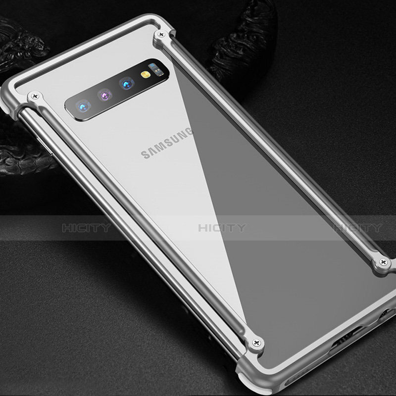 Handyhülle Hülle Luxus Aluminium Metall Rahmen Tasche T01 für Samsung Galaxy S10 Plus Silber