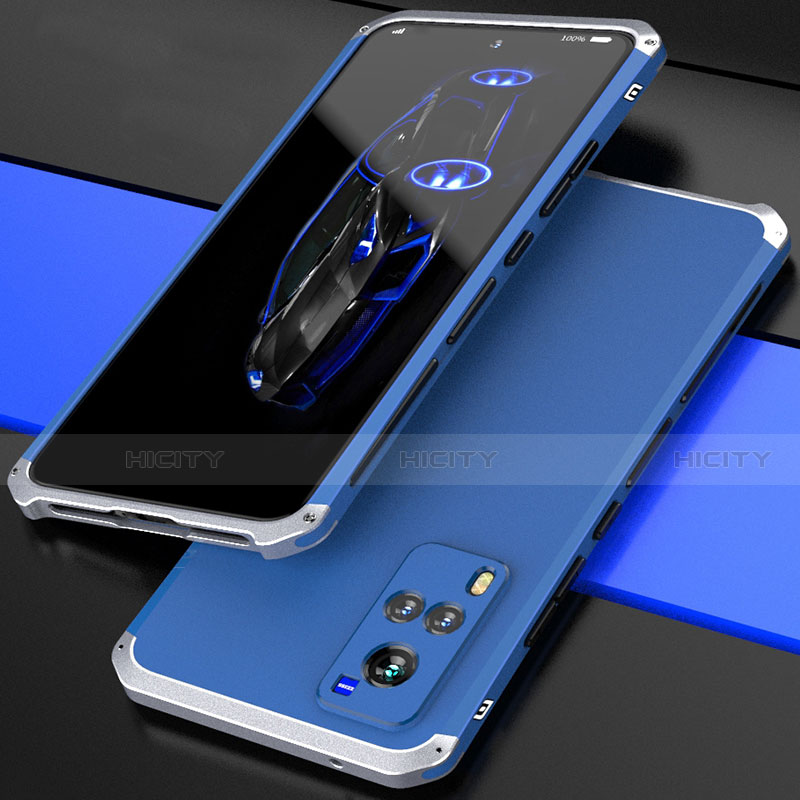 Handyhülle Hülle Luxus Aluminium Metall Tasche 360 Grad Ganzkörper für Vivo X60T 5G Silber und Blau Plus