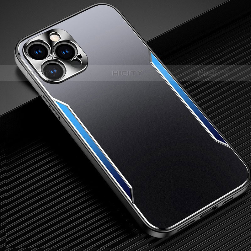 Handyhülle Hülle Luxus Aluminium Metall Tasche M05 für Apple iPhone 15 Pro Max Blau Plus