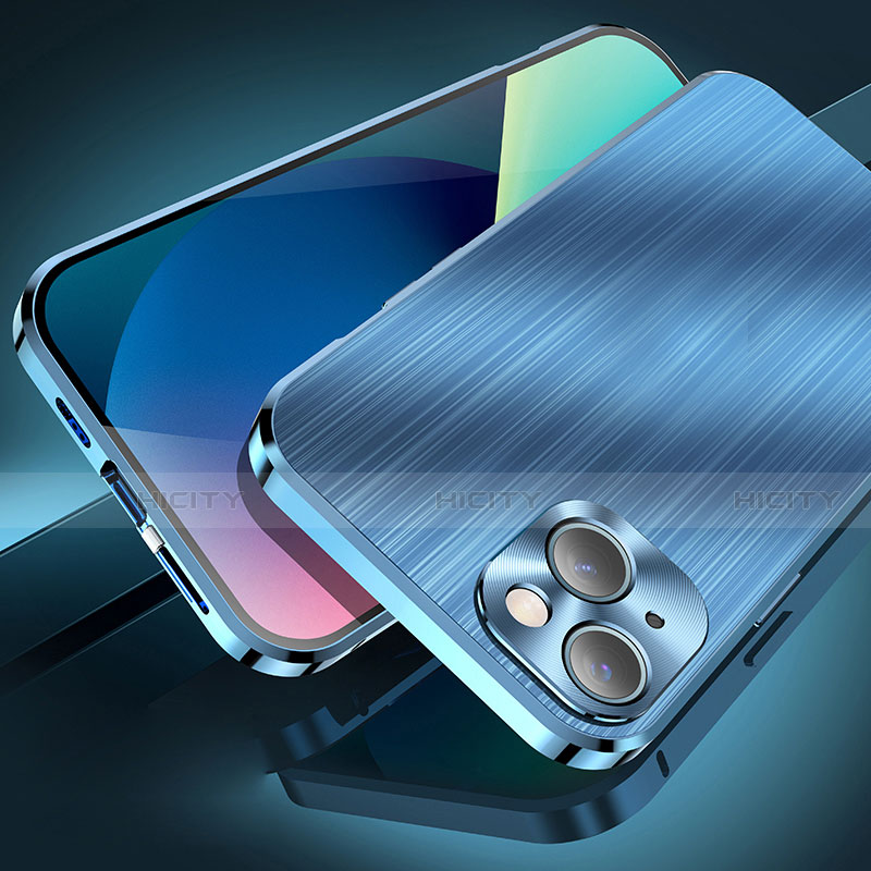 Handyhülle Hülle Luxus Aluminium Metall Tasche M06 für Apple iPhone 14 Blau Plus
