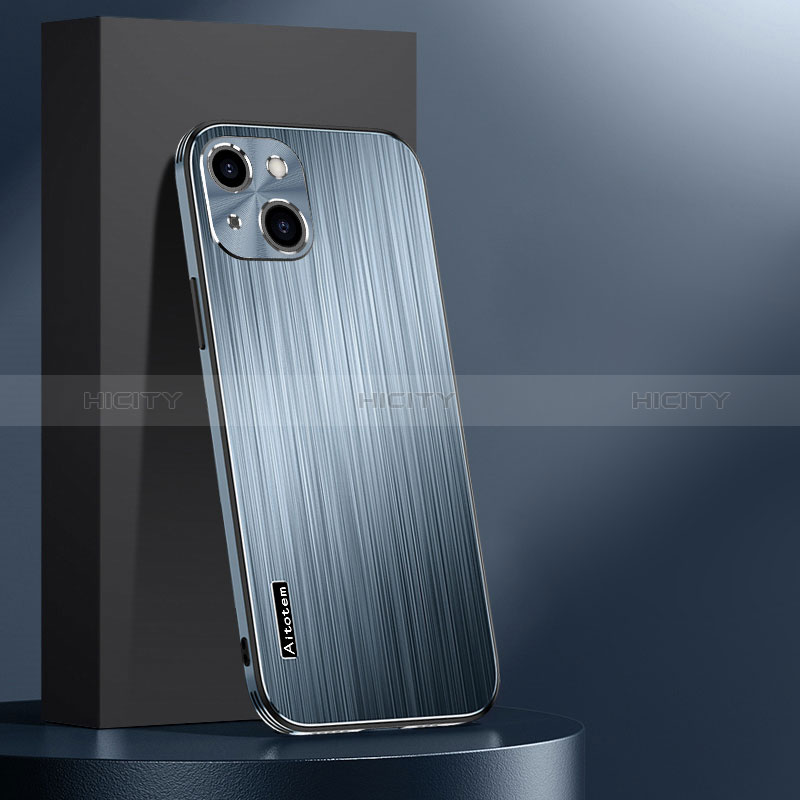 Handyhülle Hülle Luxus Aluminium Metall und Silikon Rahmen Tasche AT1 für Apple iPhone 13 Hellblau
