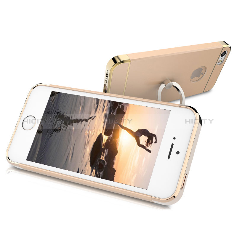 Handyhülle Hülle Luxus Metall Rahmen und Kunststoff mit Fingerring Ständer für Apple iPhone 5 Gold groß
