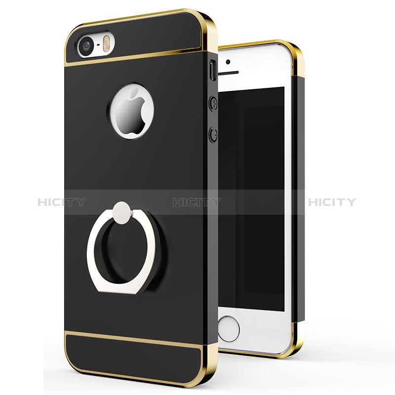 Handyhülle Hülle Luxus Metall Rahmen und Kunststoff mit Fingerring Ständer für Apple iPhone 5S Schwarz groß