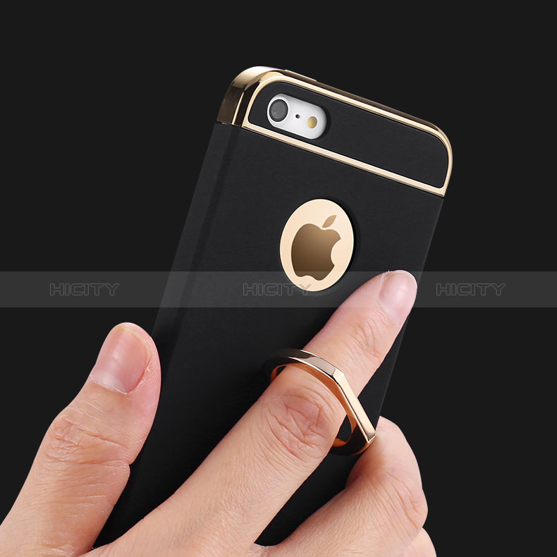 Handyhülle Hülle Luxus Metall Rahmen und Kunststoff mit Fingerring Ständer für Apple iPhone 5S Schwarz groß