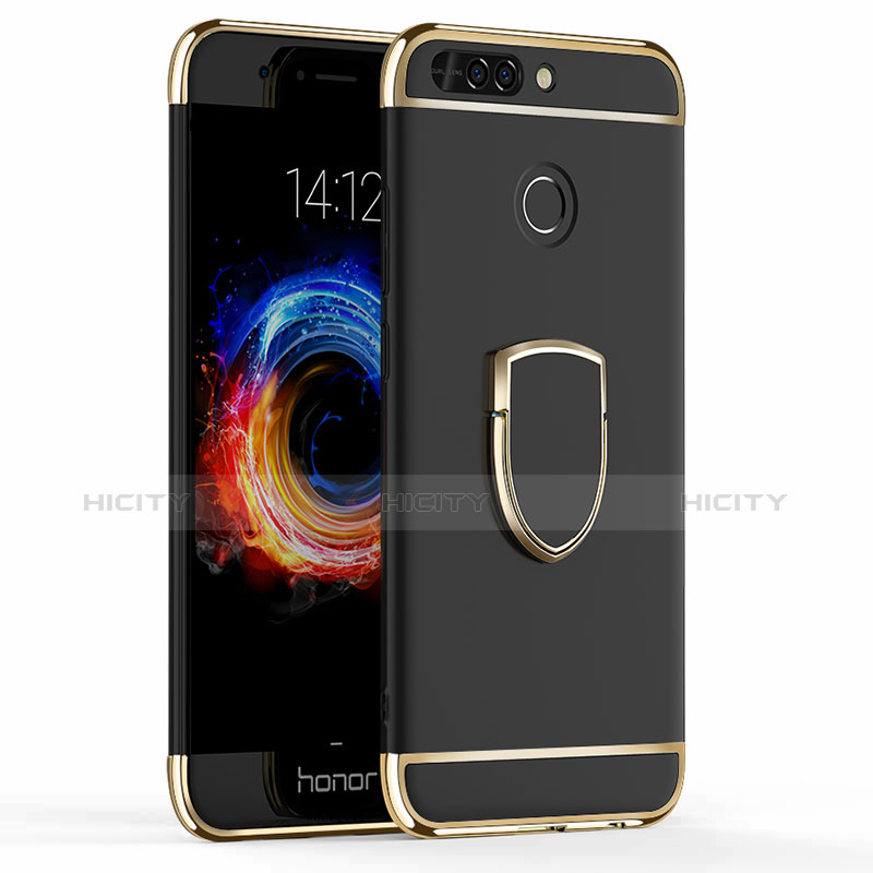 Handyhülle Hülle Luxus Metall Rahmen und Kunststoff mit Fingerring Ständer für Huawei Honor 8 Pro Schwarz Plus