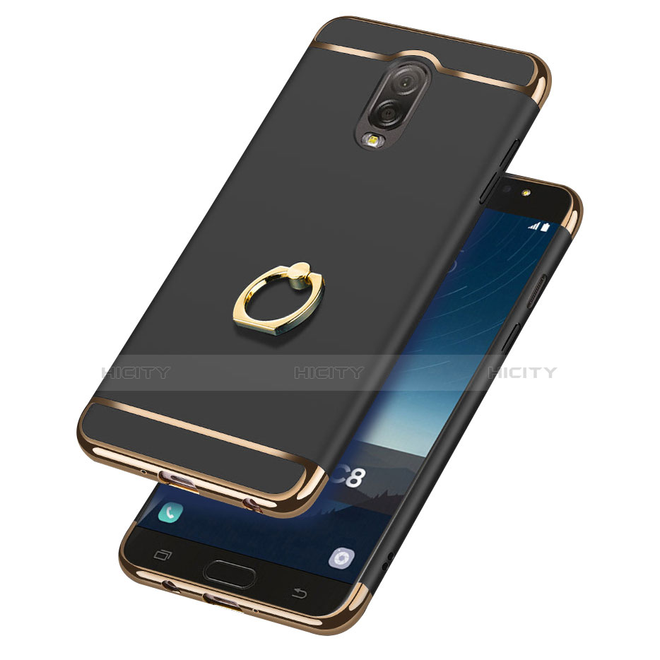 Handyhülle Hülle Luxus Metall Rahmen und Kunststoff mit Fingerring Ständer für Samsung Galaxy C7 (2017) Schwarz Plus