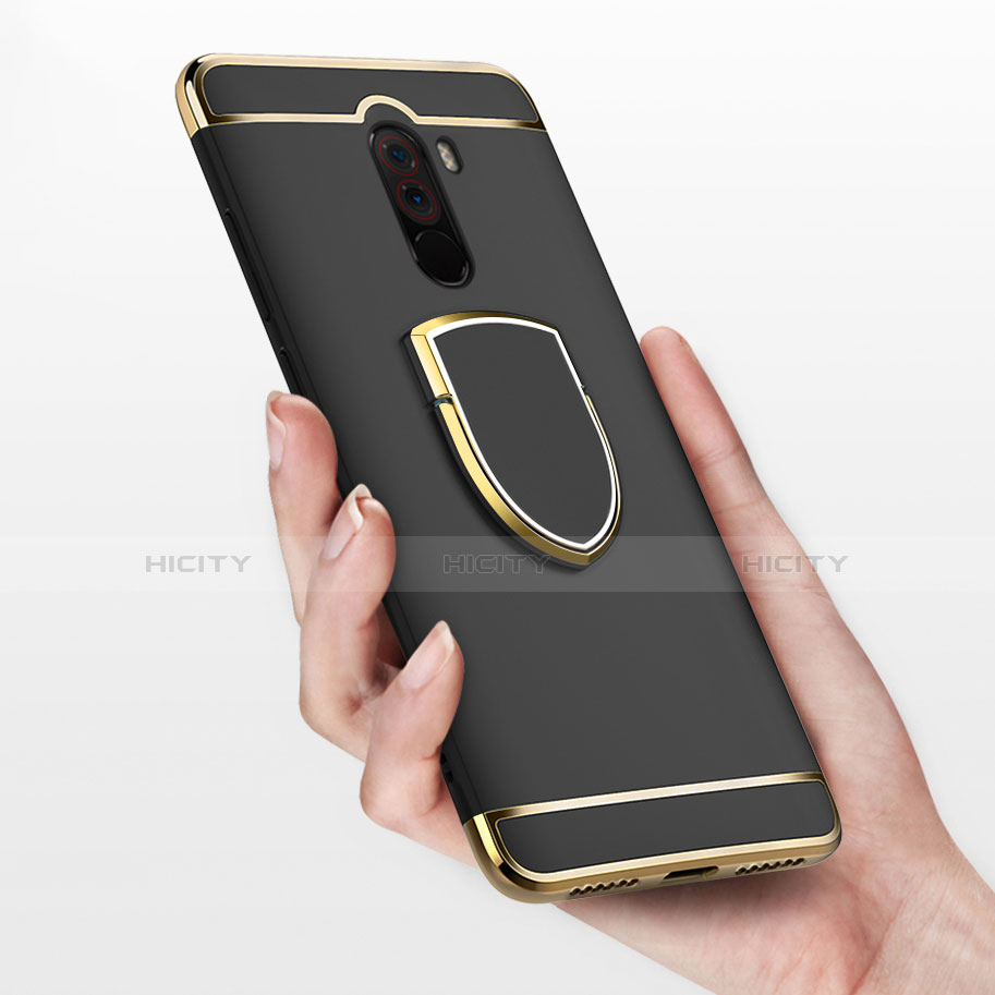 Handyhülle Hülle Luxus Metall Rahmen und Kunststoff mit Fingerring Ständer für Xiaomi Pocophone F1 Schwarz Plus