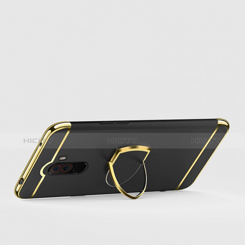 Handyhülle Hülle Luxus Metall Rahmen und Kunststoff mit Fingerring Ständer für Xiaomi Pocophone F1 Schwarz groß