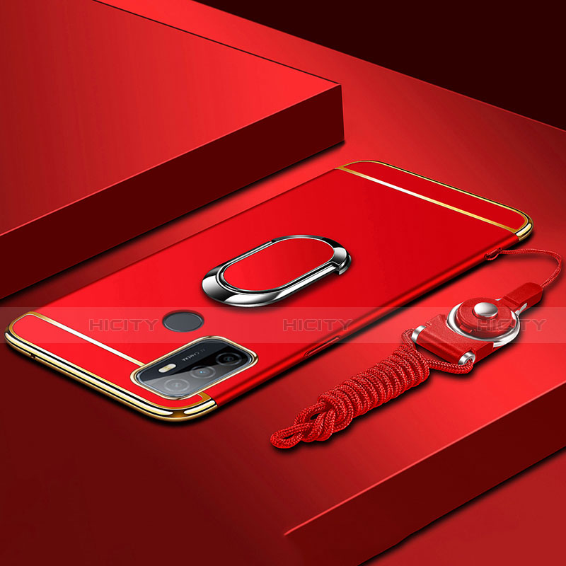 Handyhülle Hülle Luxus Metall Rahmen und Kunststoff Schutzhülle Hartschalen Tasche mit Fingerring Ständer A01 für Oppo A53s Rot Plus