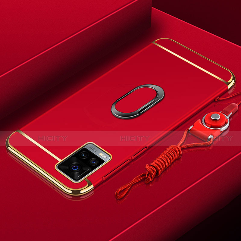 Handyhülle Hülle Luxus Metall Rahmen und Kunststoff Schutzhülle Hartschalen Tasche mit Fingerring Ständer A01 für Vivo V20 Pro 5G Rot
