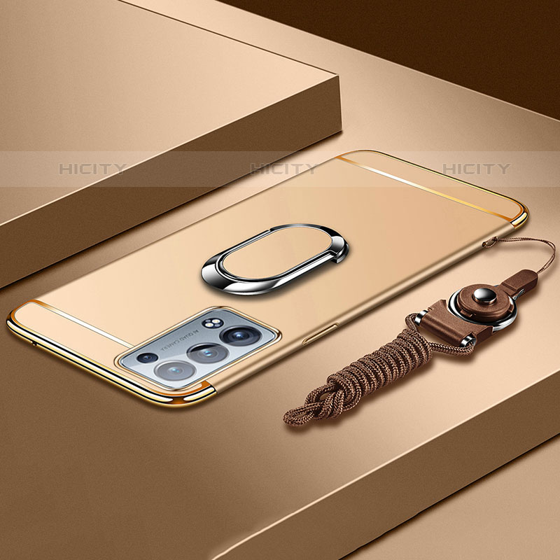 Handyhülle Hülle Luxus Metall Rahmen und Kunststoff Schutzhülle Hartschalen Tasche mit Fingerring Ständer für Oppo Reno6 Pro+ Plus 5G Gold