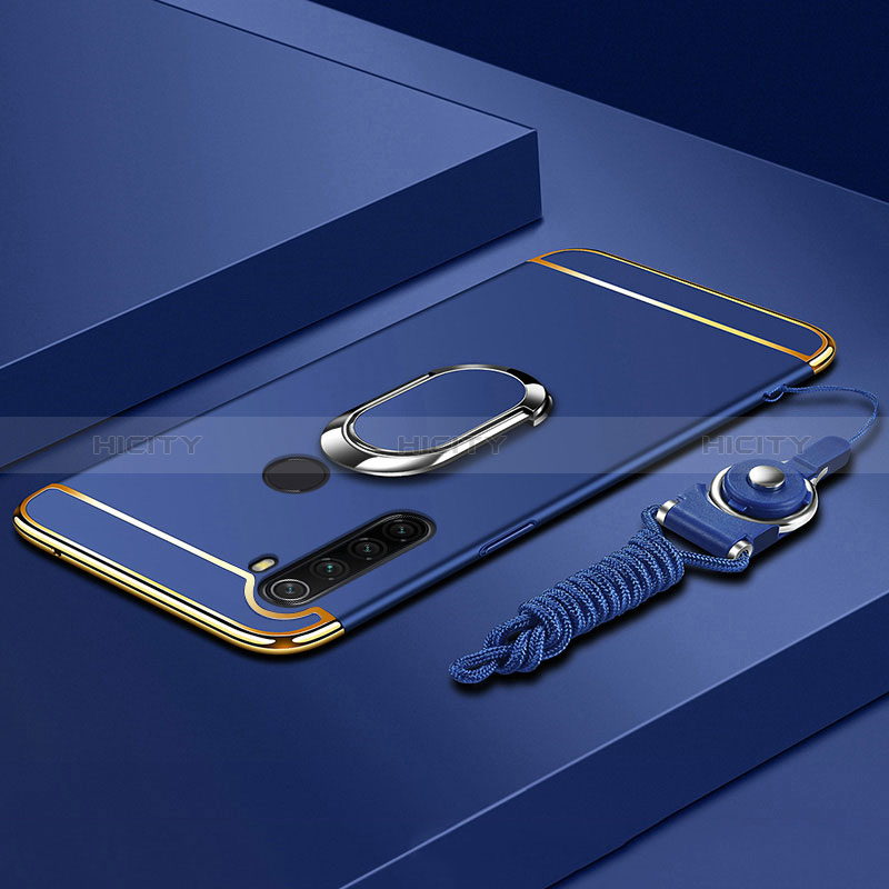 Handyhülle Hülle Luxus Metall Rahmen und Kunststoff Schutzhülle Hartschalen Tasche mit Fingerring Ständer K01 für Xiaomi Redmi Note 8 (2021) Blau