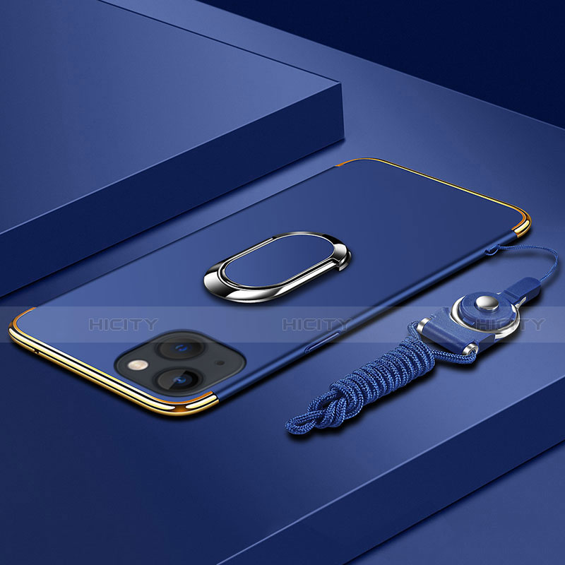 Handyhülle Hülle Luxus Metall Rahmen und Kunststoff Schutzhülle Hartschalen Tasche mit Fingerring Ständer und Lanyard für Apple iPhone 13 groß