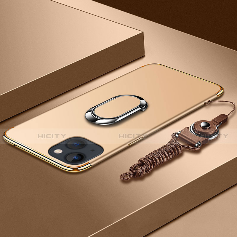 Handyhülle Hülle Luxus Metall Rahmen und Kunststoff Schutzhülle Hartschalen Tasche mit Fingerring Ständer und Lanyard für Apple iPhone 13 Mini Gold