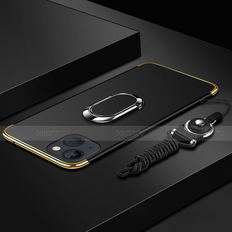 Handyhülle Hülle Luxus Metall Rahmen und Kunststoff Schutzhülle Hartschalen Tasche mit Fingerring Ständer und Lanyard für Apple iPhone 13 Schwarz
